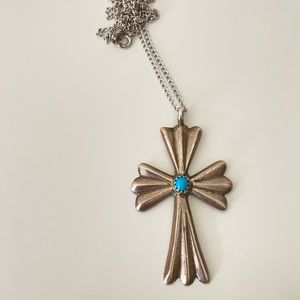 Vintage sterling silver Zia cross necklace turquoise blue